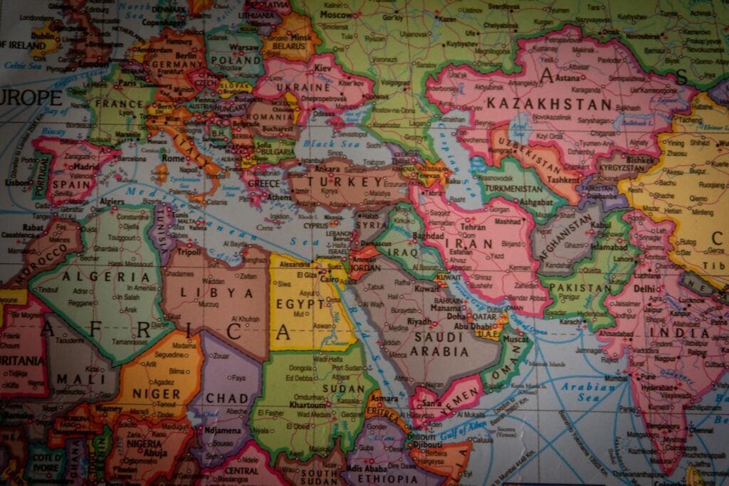 A world map centered on Europe, the Middle East, and Africa.