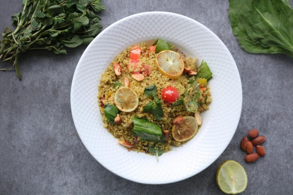 A dish made with quinoa, a gluten-free pseudo cereal grain.