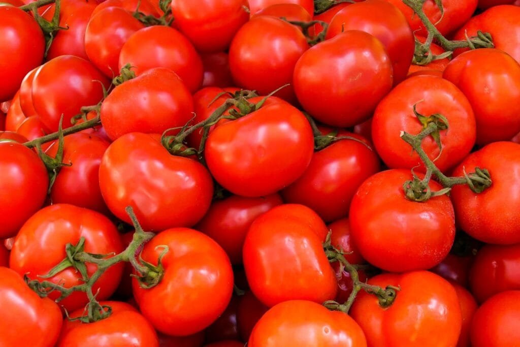 A pile of ripe, red tomatoes.
